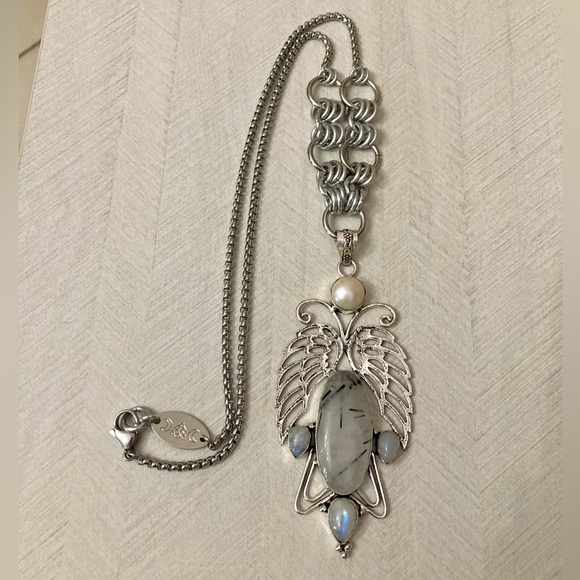925 sterling silver overlay butterfly iridescent moonstone & quartz gem necklace - Picture 4 of 12
